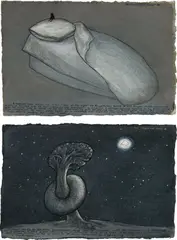 Nedko Solakov, Two works: (i) Insignificant Stories #12; (ii) Insignificant Stories #16, 2001, sepia, black ink, white ink, wash on paper