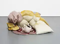 Shinique Smith, Enchanted Place, 2007, fabric, string, pillows, foam, rug, lace, plaster swan