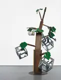 Bill Woodrow, Round the Kitchen Table, 1987, wooden table, 3 metal lockers, enamel