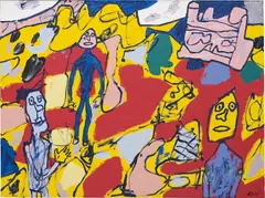 Jean Dubuffet, Paysage au château (avec 3 personnages), 1975, acrylic on canvas