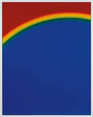 Cory Arcangel, Photoshop CS: 84 by 66 inches, 300 DPI, RGB, square pixels, default gradient "Russell's Rainbow" (turn transparency off), mousedown y=25180 x=15100, mouseup y=1400 x=6400, 2009, chromogenic print face mounted to Diasec, in artist's frame
