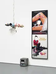 Party Girl by Mike Kelley, 1998, acrylic and ink on panel, stuffed dolls, metal, motors, speakers, CD, CD player and movie posters in wooden frame, sold Nov 2015