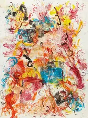 Now Wut by Leo Gabin, 2011, lacquer, spray paint, acrylic and silkscreen on canvas, sold Nov 2015