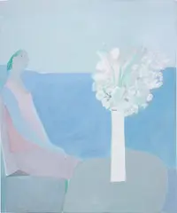 Joy Laville, Mujer sentada con vestido naranja, 1999, acrylic on canvas