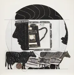 Ray Johnson, Untitled (Andy with Cows), 1976, Mixed media collage with ink in colors, on illustration board, the full sheet,
