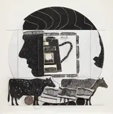 Ray Johnson, Untitled (Andy with Cows), 1976, Mixed media collage with ink in colors, on illustration board, the full sheet,