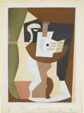 Guitare et partition sur guéridon (Guitar and Partition on Pedestal), from Dix pochoirs by Pablo Picasso, circa 1920, Pochoir in colors, on laid paper, with full margins,, offered Apr 2015