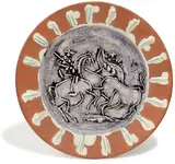 Scène de tauromachie (Tauromachy Scene) by Pablo Picasso, 1959, White earthenware round dish painted in colors with partial brushed glaze,, sold Apr 2015
