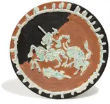 Picador et taureau (Picador and Bull) by Pablo Picasso, 1959, White earthenware round dish painted in colors with partial brushed glaze,, sold Apr 2015