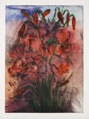 Red Pepper Lilies by Jim Dine, 1999, Screenprint, etching and aquatint in colors with power-tool and sand-paper abrasion and hand-coloring, on Hahnemühule pa, sold Apr 2015