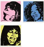Mickalene Thomas, Trois Divas (A E I O U and sometimes Y), 2009, The complete set of three screenprints in colors with hand-applied rhinestones, on Museum Board, with full margins,