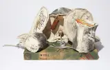 Claes Oldenburg, Miniature Soft Drum Set, 1969, The complete set of nine sewn screenprinted elements on canvas, some with washline, wood, plastic buttons, rope, metal eye screws and spray enamel, with wood base covered with screenprinted paper in colors,