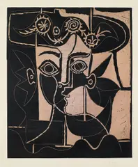 Pablo Picasso, Grande tête de femme au chapeau orné (Large Head of a Woman with Decorated Hat), 1962, Linocut in colors, on Arches paper, with full margins,