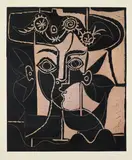 Grande tête de femme au chapeau orné (Large Head of a Woman with Decorated Hat) by Pablo Picasso, 1962, Linocut in colors, on Arches paper, with full margins,, sold Oct 2015