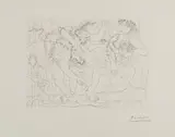 Pablo Picasso, Le repos du sculpteur devant une bacchanale au taureau (Resting Sculptor Before a Bacchanal Bull), plate 56 from La suite Vollard, 1933, Etching, on Montval paper with watermark Vollard , with full margins (deckle on two sides),