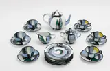 Roy Lichtenstein, Tea Set, 1984, The complete set of 21 glazed ceramic dishes in colors, including one teapot with lid, one sugar bowl with lid, one creamer, six cups, six saucers and six dessert plates,