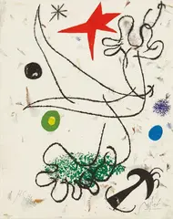 Mavena by Joan Miró, 1960, Lithograph in colors, on Richard de Bas handmade paper with flower petals, blades of grass and fern tips, the full sheet, sold Oct 2015