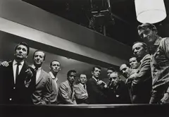 Sid Avery, Cast of Oceans Eleven; Nick Conti, Jerry Lester, Joey Bishop, Sammy Davis Jr., Frank Sinatra, Dean Martin, Peter Lawford, Akim Tameroff, Richard Benedict, Henry Silva, Norman Fell and Clem Harvey, 1960, Gelatin silver print, printed later