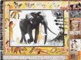 Peter Beard, Large Bull Elephant c. 110 lbs. per side on the Tiva lugga near Kathemula in February, 1965, Iris print collage with ink, paint, affixed gelatin silver prints and original drawings by the artists Kivoi Mathenge and E. Mwangi Kuria, printed 2007