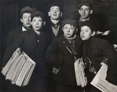 Lewis Hine, Newsies at Brooklyn Bridge Starting Out at 1 a.m. in a Blizzard on a Sunday, circa 1908, Gelatin silver print, probably printed 1920s