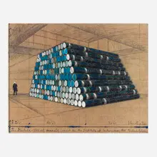 Christo, The Mastaba - 1240 Oil Barrels (Project for the Institute of Contemporary Art, Philadelphia), 1998, offset lithograph in colors on Somerset