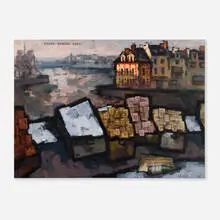 Oskar Rabine, Booksellers, Sunset on the Siene, 2004, newsprint and oil on canvas