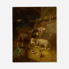 Sheep in Barn by Arthur Fitzwilliam Tait, oil on canvas, sold May 2026