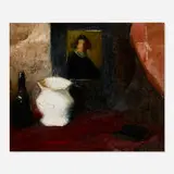 Charles Webster Hawthorne, Still Life with Cavalier Portrait, White Pottery and Wine Bottle, oil on canvas