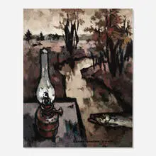 Oskar Rabine, Autumn Landscape with Lamp and Fish, 2005, oil on canvas