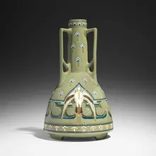 Frederick Hurten Rhead for Roseville Pottery, Rare and Large Della Robbia vase with storks, 1906, glazed earthenware