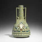 Frederick Hurten Rhead for Roseville Pottery, Rare and Large Della Robbia vase with storks, 1906, glazed earthenware