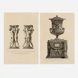Two plates from Volume II of Vasi, Candelebri, Cippi, Sarcofagi, tripodi, lvcerne ed ornamenti antichi by Giovanni Battista Piranesi, 1778, etching, sold Jul 2025