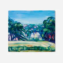 Untitled (Village Landscape) by Elizabeth Grandin, oil on board, sold Jun 2025