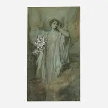 Edwin Blashfield, Untitled (Angel with Lilies), charcoal and pastel on paper mounted to board