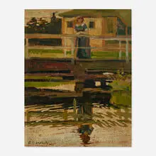 Zoltan Sepeshy, Untitled (Figure on the Bridge), 1924, oil on board