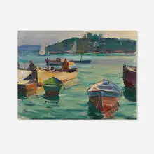 Carl Peters, Untitled (Boats and Fishermen at the Dock), oil on canvas board