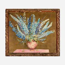 Max Kuehne, Delphiniums, oil and metallic pigment on board in artist-made frame