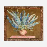 Max Kuehne, Delphiniums, oil and metallic pigment on board in artist-made frame