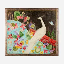 Hal Kuehne, White Peacock, c. 1980, ink and silver leaf on wood in artist-made frame
