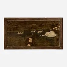 Untitled (Panel with Swans) by Max Kuehne, c. 1940, silver leaf over incised gesso wood panel in artist-made frame, sold Jun 2025