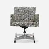 Low Back Executive swivel chair, model 5872 by George Nelson & Associates, 1957, Alexander Girard Op Art upholstery, aluminum, enameled steel, sold Feb 2026