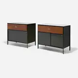 Steelframe cabinets model 4032, pair by George Nelson & Associates, enameled steel, lacquered Masonite, walnut, laminate, aluminum, sold Feb 2026
