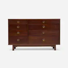 Edward Wormley, Janus cabinet, model 5727, c. 1956, walnut, brass, Natzler glazed earthenware tile