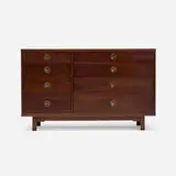 Edward Wormley, Janus cabinet, model 5727, c. 1956, walnut, brass, Natzler glazed earthenware tile