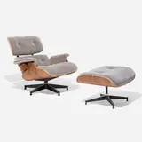 Charles and Ray Eames, 670 lounge chair and 671 ottoman, 1956 / 2017, upholstery, walnut, enameled aluminum