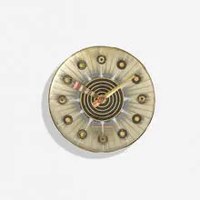 Frances and Michael Higgins, Clock, model 5H70, c. 1955, fused glass, brass, enameled metal