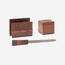 Robert McKeown, Desk accessory set, 1980, walnut, resin