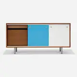 Executive Office Group desk return by George Nelson & Associates, c. 1956, walnut, chrome-plated aluminum, nickel-plated steel, laminate, sold Feb 2026