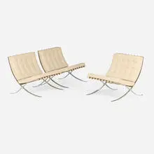 Ludwig Mies van der Rohe, Barcelona chairs, set of three, leather upholstery, chrome-plated steel