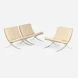 Barcelona chairs, set of three by Ludwig Mies van der Rohe, leather upholstery, chrome-plated steel, sold Feb 2026